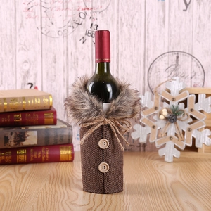 Brown herringbone wine bottle cover with faux fur collar and wooden buttons for Christmas