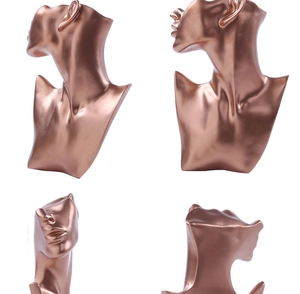 Detailed views of a rose gold resin female bust stand for necklace and jewelry display
