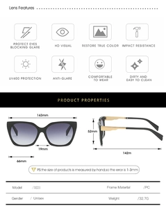 Detailed size specifications for square frame sunglasses with metal legs model 3221