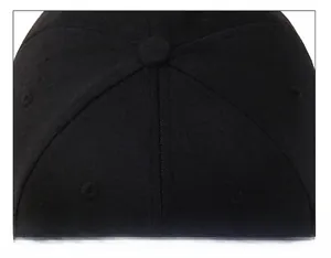 Détail de la casquette noire en coton montrant les coutures et le bouton supérieur