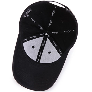 Internal view of black baseball cap made of 100% acrylic with fashion tape detailing