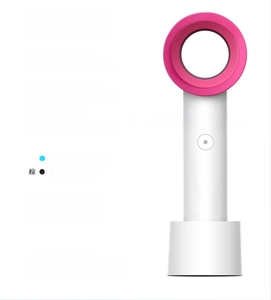 Detail view of pink bladeless handheld fan showing 16-hour long-lasting battery life