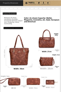 Detailed size chart for 6-piece woven PU leather bag set including tote and wallet