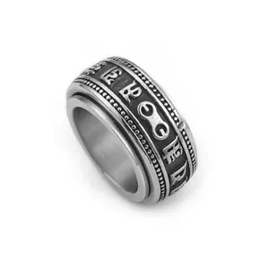 Vintage Stainless Steel Spinner Ring Six Character Mantra Buddhist Meditation Rotatable Band Jewelry For Men