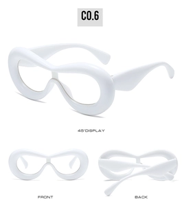 Three-angle detail view of white thick-frame fashion glasses with clear lenses