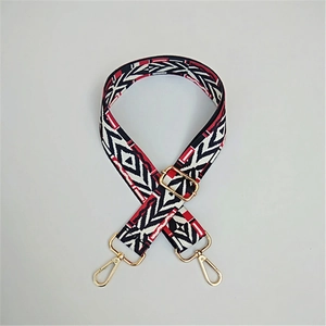 Adjustable woven canvas shoulder strap with colorful ethnic pattern and gold buckles
