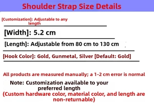 Detail chart of 5.2cm wide adjustable shoulder strap showing size and hardware color options