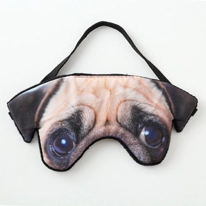 Detail of 3D pug printed sleep mask showing realistic animal eyes and soft plush texture
