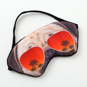 Detail of 3D bulldog printed sleep eye mask showing the adjustable strap on white background