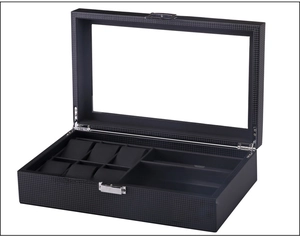 Detail view of carbon fiber watch box showing 6 watch slots and 1 large eyewear compartment