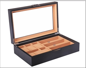 Detail of 6 watch slots and 3 glasses compartments in carbon fiber leather display box
