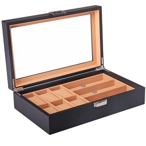 Carbon fiber watch and eyewear display box with 6 watch slots and 3 glasses slots