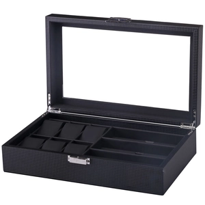 Carbon fiber watch and glasses display box with 6 watch slots and 3 eyewear compartments