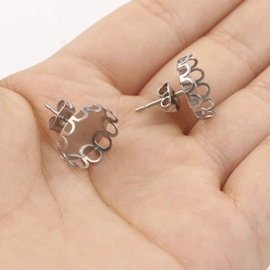 Silver stainless steel crown round stud earring base with 12mm inner diameter