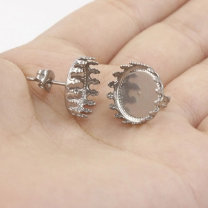 12mm stainless steel crown bezel stud earrings on palm for DIY jewelry making