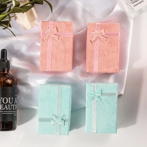 Elegant 5x8cm pink and blue marble jewelry gift boxes with satin ribbon bow details