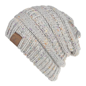 Detail of light gray confetti knit beanie with chunky texture and C.C leather patch