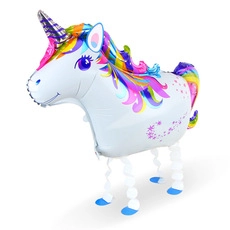 Detail of a white walking unicorn balloon with rainbow mane and golden pink horn