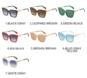 Matrix display of fashion square sunglasses in seven assorted colors with metal temples
