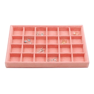 Pink velvet 24-grid jewelry display tray for organizing rings and earrings