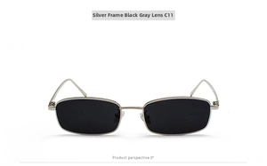 Vista frontal de gafas de sol rectangulares de metal plateado con lentes de color gris oscuro