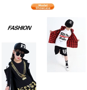 Detailed hip-hop kids outfit with red plaid shirt and branded baseball cap set