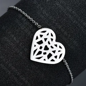 Minimalist silver heart hollow pendant necklace with geometric pattern on delicate chain