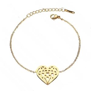 Macro view of gold hollow heart pendant and stainless steel chain detail
