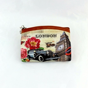 Vintage Eiffel Tower and Big Ben print canvas coin purse with zipper and metal keychain