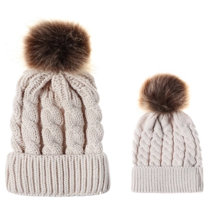 Parent-Child Cable Knit Beanie Faux Fur Pom Pom Winter Warm Acrylic Hat Adult Kid Fashion Accessory