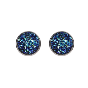 Minimalist 12mm stainless steel stud earrings with deep blue starry druzy stones