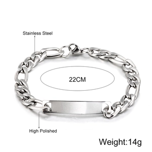 Polished stainless steel Figaro ID bracelet for men, 22cm long with high shine finish