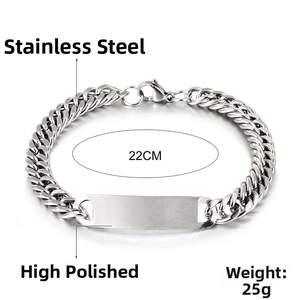 Close-up of polished stainless steel cuban chain bracelet with blank engravable ID plate