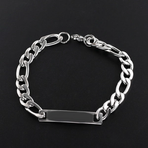 Sleek silver stainless steel Figaro chain bracelet with a blank polished ID bar for men