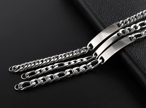 Three men's stainless steel bracelets featuring Cuban, Figaro, and polished plaque chains