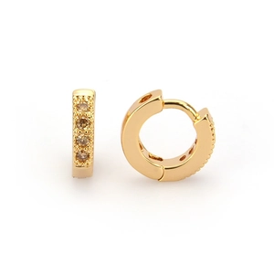 Polished 18k gold plated hoop earrings featuring brown zircon gemstones on white background