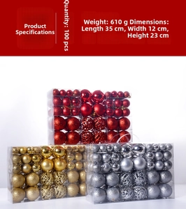 Detailed set of 100 assorted Christmas ornaments in red gold and silver finishes