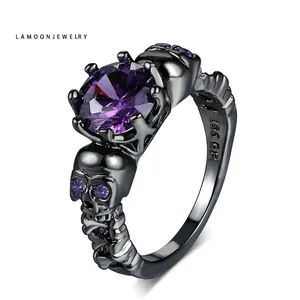 Gothic Skull Ring Women Copper With 18K Black Gold Plated Round Purple Red Cubic Zirconia Punk Vintage Jewelry Gift