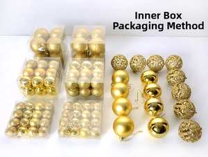 Detail of assorted gold Christmas ornaments with matte, glittery, and hollowed-out patterns