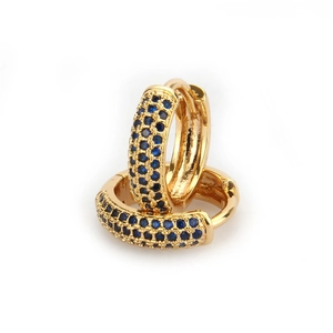 Gold-plated hoop earrings with multiple rows of pavé blue cubic zirconia gems