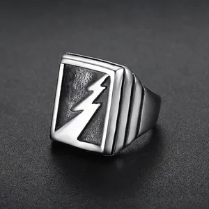 Polished 316 stainless steel men's ring featuring a bold lightning bolt logo design