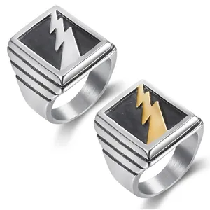 Mens vintage stainless steel lightning logo signet ring with brushed metal finish