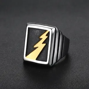 Lightning Bolt Square Signet Ring 316 Stainless Steel Vintage Punk Hip Hop Fashion Jewelry Cool Gift For Men