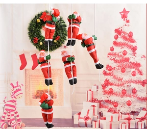 Detail view of six Santa Claus dolls climbing white rope for Christmas tree decor