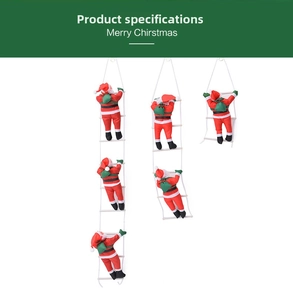 Three sizes of Santa Claus figures climbing a white rope ladder for Christmas tree decor