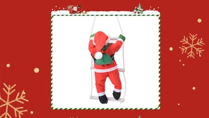 Detail of 40cm Santa Claus figurine climbing a white rope ladder for Christmas decor