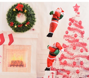 Two Santa Claus figures climbing a white rope against a festive indoor fireplace background