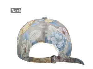 Detailed back view of a floral lace baseball cap showing the adjustable metal buckle strap