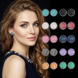 Minimalist Round Stud Earrings Stainless Steel With Druzy Glitter Starry Sky Texture Geometric Style