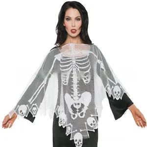 Detail view of Halloween white lace shawl featuring skeleton and skull patterns